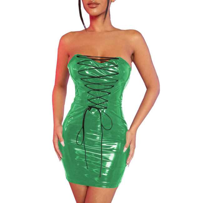 Fetish Lace-up Skinny PVC Lingerie Sexy Dress Women Strapless Package Hips Bodycon Faux Latex Dress Exotic Dancewear Vestidos