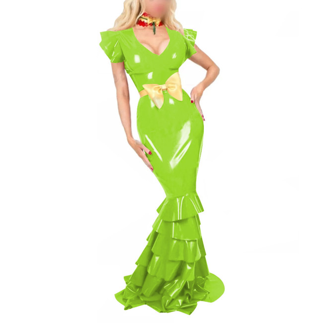 Women PVC Leather Short Sleeve Evening Party Maxi Dress Sissy V Neck Sexy Bodycon Ruffled Hobble Dress with Belt Ball Gowns Lady