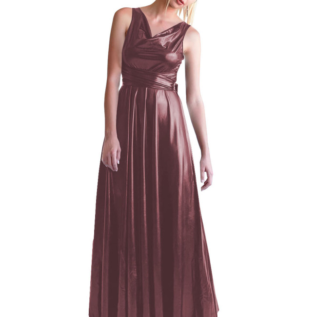 Casual Shiny Metallic Long Dress Elegance Korean Fashion V-Neck Sleeveless Women's Dresses Summer Party Y2k Vintage Ball Gowns