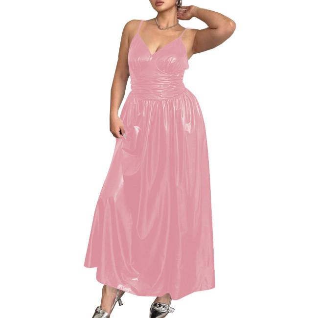 Elegant Spaghetti Strap Slim Waist PVC Leather Maxi Dresses for Women Sleeveless V-neck Evening Dresses Party Rave Long Dress