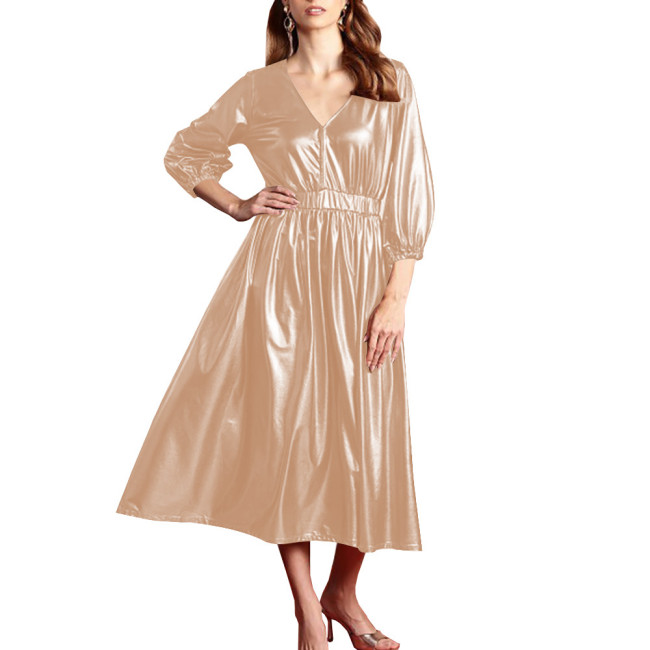 Shiny Summer Clothing for Women Dress Shiny Metallic Lantern Sleeves High Waist Elegant Long Dress Office Lady Outdoor Vestido