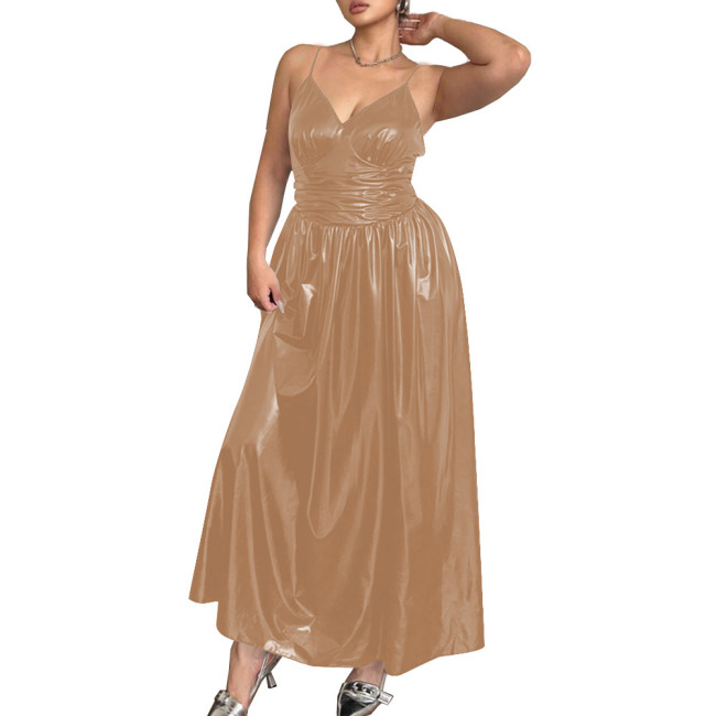 Elegant Spaghetti Strap Slim Waist PVC Leather Maxi Dresses for Women Sleeveless V-neck Evening Dresses Party Rave Long Dress