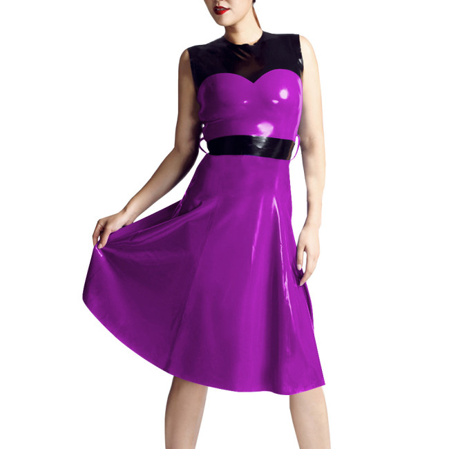 Patchwork Sleeveless Tank Midi Dress Women O-neck Slim Waist Patent Leather A-line Dress Casual Daily Commuting Faux Latex Dress