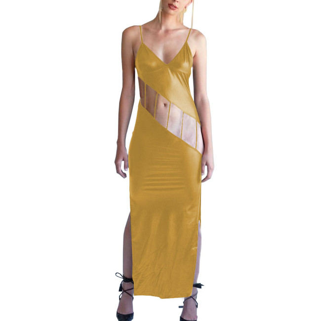Shiny Metallic Hollow Out Bodycon Spaghetti Strap Long Dress for Women Side Slit Maxi Dress Female Camisole Solid Party Dress