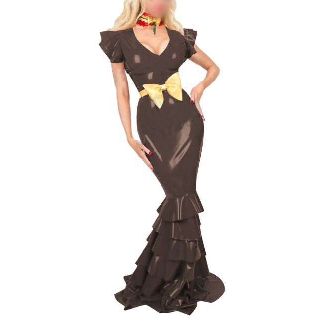 Women PVC Leather Short Sleeve Evening Party Maxi Dress Sissy V Neck Sexy Bodycon Ruffled Hobble Dress with Belt Ball Gowns Lady