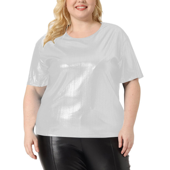 Summer Solid Graphic T Shirts Wetlook Women Clothing O-neck Short Sleeve Casual T Shirt High Street Shiny Metallic Loose Tees