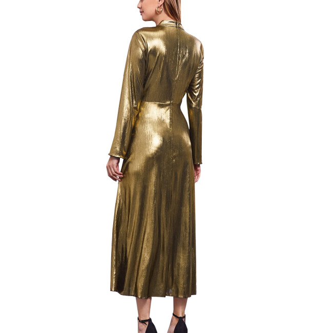 Shiny Metallic Long Sleeve Solid Evening Dress Elegant Stretch Slim Fit A-line Maxi Dress Sexy Banquet Gown Party Dress Vestido