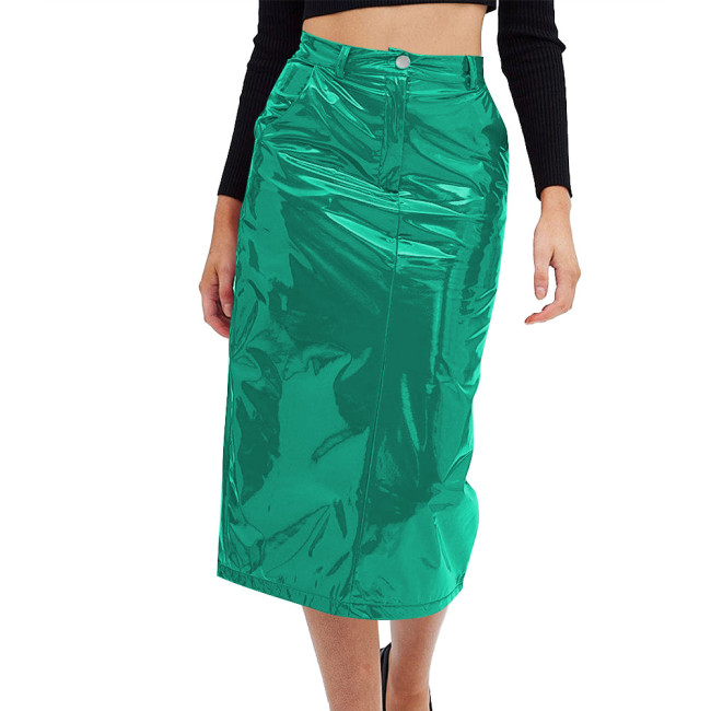 Elegant PVC Leather Black Straight Skirts Fashion Slim High Waist Skirts Women Female Sexy Solid Office Midi Skirt Spring Summer
