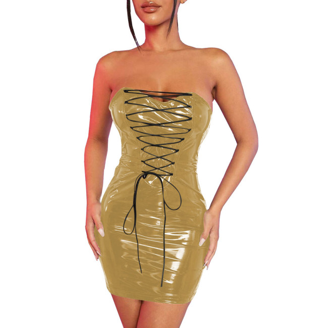 Fetish Lace-up Skinny PVC Lingerie Sexy Dress Women Strapless Package Hips Bodycon Faux Latex Dress Exotic Dancewear Vestidos