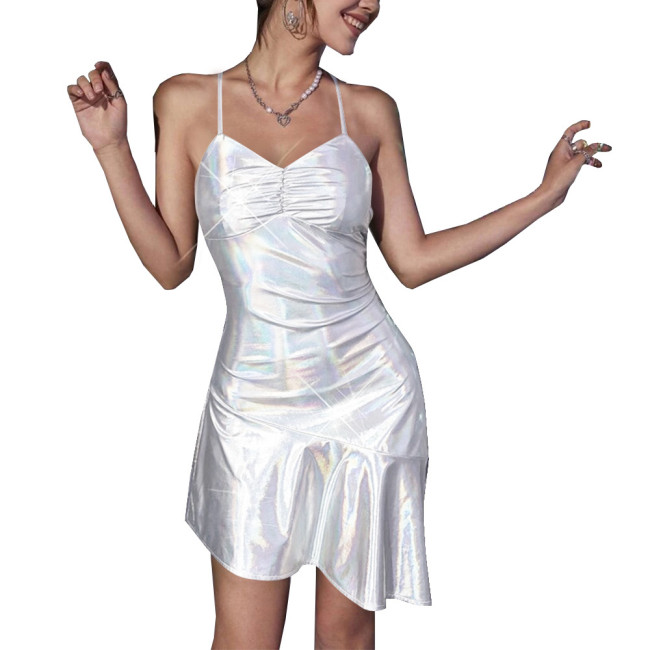 Wet Look Dance Pole Holographic Clothing Women Backless Frenum Irregular A-line Mini Dress Sexy Cub Laser Metallic Short Dress