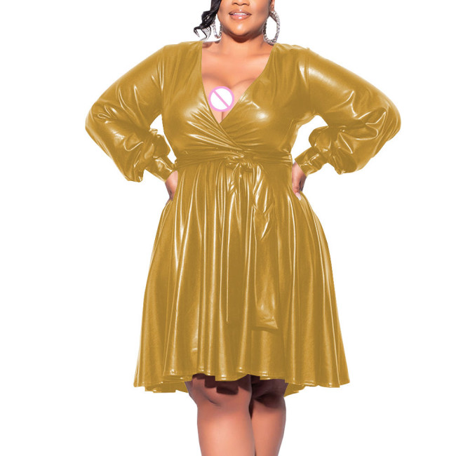 Exotic Dresses Wetlook Women Deep V-neck Long Sleeve Shiny Metallic A-line Midi Dress Fetish Sexy Club Plus Size Dress 7XL Lady