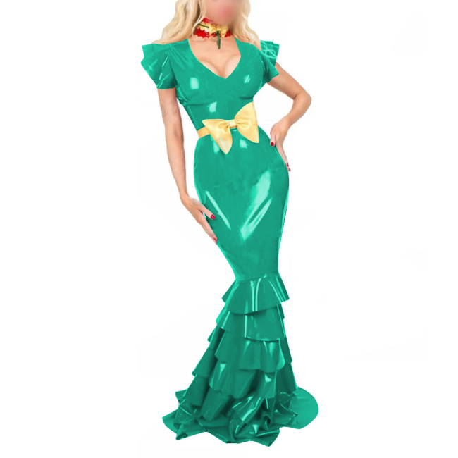 Women PVC Leather Short Sleeve Evening Party Maxi Dress Sissy V Neck Sexy Bodycon Ruffled Hobble Dress with Belt Ball Gowns Lady
