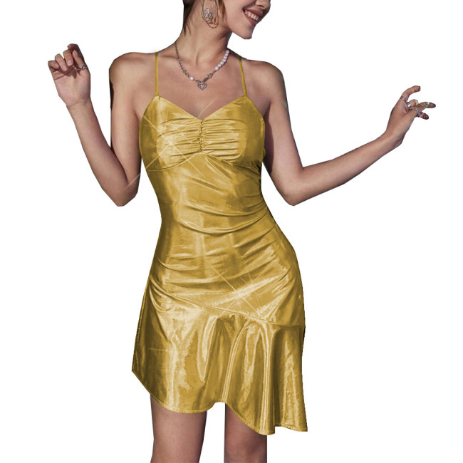 Wet Look Dance Pole Holographic Clothing Women Backless Frenum Irregular A-line Mini Dress Sexy Cub Laser Metallic Short Dress