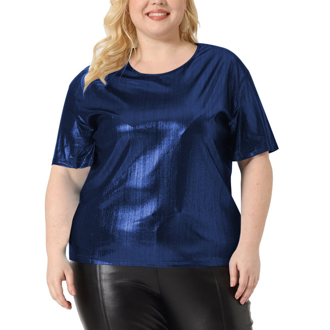 Summer Solid Graphic T Shirts Wetlook Women Clothing O-neck Short Sleeve Casual T Shirt High Street Shiny Metallic Loose Tees