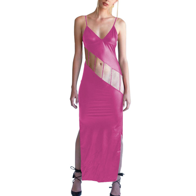 Shiny Metallic Hollow Out Bodycon Spaghetti Strap Long Dress for Women Side Slit Maxi Dress Female Camisole Solid Party Dress