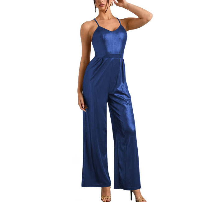 Office Lady Spaghetti Strap One Piece Jump Suits for Women Shiny Metallic Slim Fit Wide Leg Pants Wetlook Sexy Jumpsuits Catsuit