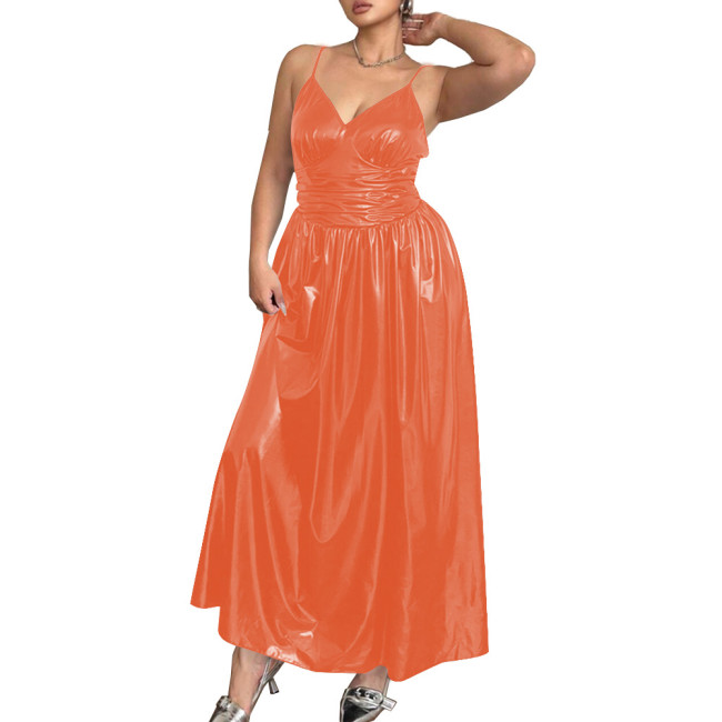 Elegant Spaghetti Strap Slim Waist PVC Leather Maxi Dresses for Women Sleeveless V-neck Evening Dresses Party Rave Long Dress
