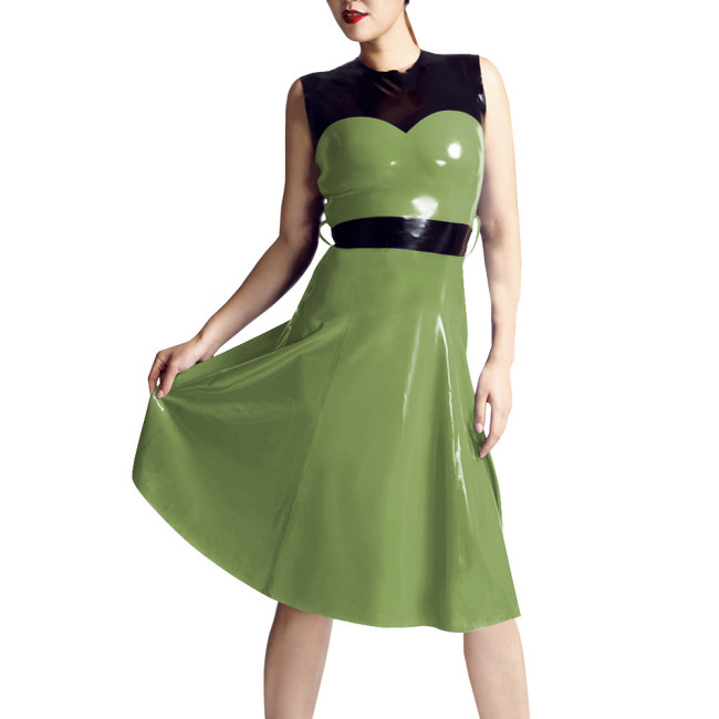 Patchwork Sleeveless Tank Midi Dress Women O-neck Slim Waist Patent Leather A-line Dress Casual Daily Commuting Faux Latex Dress
