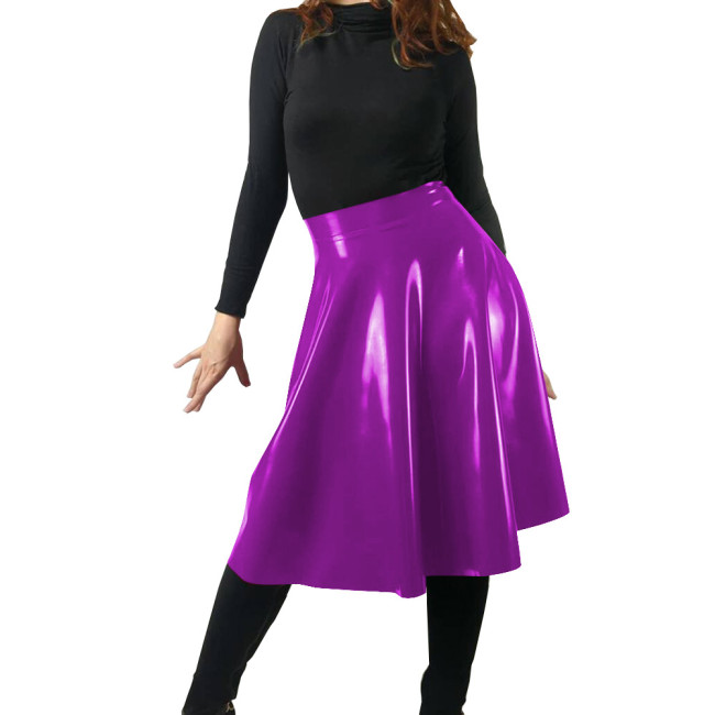 Latex Look Red Skirt Wetlook Women Elegant Solid Elastic Waist A-line Vintage Korean Fashion PVC Midi Skirt Casual Streetwear