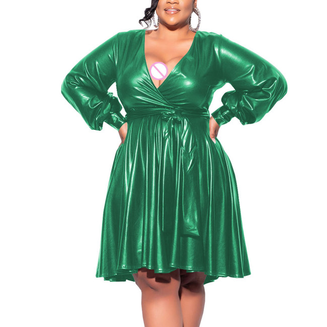 Exotic Dresses Wetlook Women Deep V-neck Long Sleeve Shiny Metallic A-line Midi Dress Fetish Sexy Club Plus Size Dress 7XL Lady