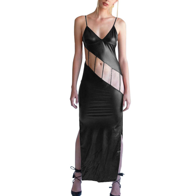 Shiny Metallic Hollow Out Bodycon Spaghetti Strap Long Dress for Women Side Slit Maxi Dress Female Camisole Solid Party Dress