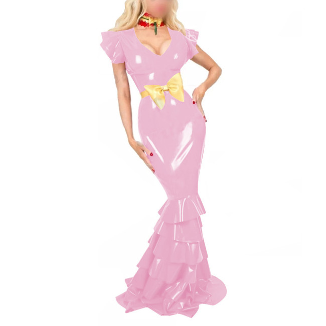 Women PVC Leather Short Sleeve Evening Party Maxi Dress Sissy V Neck Sexy Bodycon Ruffled Hobble Dress with Belt Ball Gowns Lady