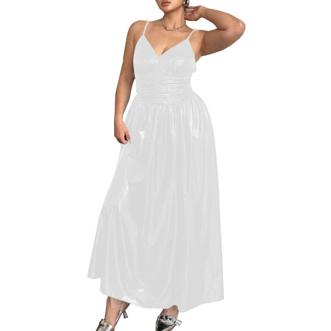 Elegant Spaghetti Strap Slim Waist PVC Leather Maxi Dresses for Women Sleeveless V-neck Evening Dresses Party Rave Long Dress