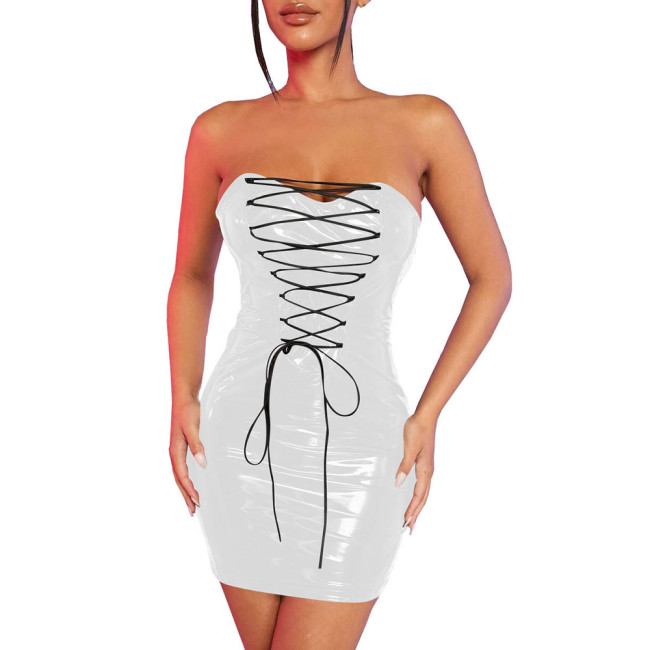 Fetish Lace-up Skinny PVC Lingerie Sexy Dress Women Strapless Package Hips Bodycon Faux Latex Dress Exotic Dancewear Vestidos