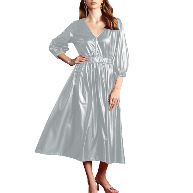 Shiny Summer Clothing for Women Dress Shiny Metallic Lantern Sleeves High Waist Elegant Long Dress Office Lady Outdoor Vestido
