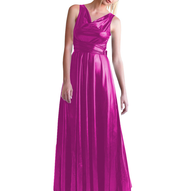 Casual Shiny Metallic Long Dress Elegance Korean Fashion V-Neck Sleeveless Women's Dresses Summer Party Y2k Vintage Ball Gowns