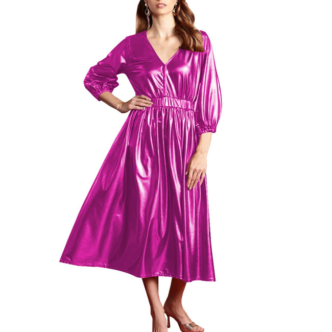 Shiny Summer Clothing for Women Dress Shiny Metallic Lantern Sleeves High Waist Elegant Long Dress Office Lady Outdoor Vestido