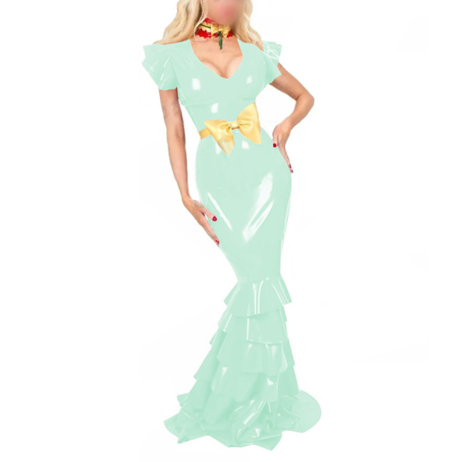 Women PVC Leather Short Sleeve Evening Party Maxi Dress Sissy V Neck Sexy Bodycon Ruffled Hobble Dress with Belt Ball Gowns Lady