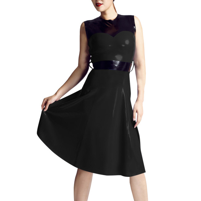 Patchwork Sleeveless Tank Midi Dress Women O-neck Slim Waist Patent Leather A-line Dress Casual Daily Commuting Faux Latex Dress