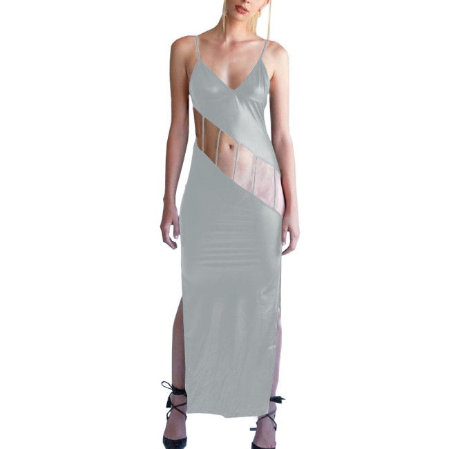 Shiny Metallic Hollow Out Bodycon Spaghetti Strap Long Dress for Women Side Slit Maxi Dress Female Camisole Solid Party Dress