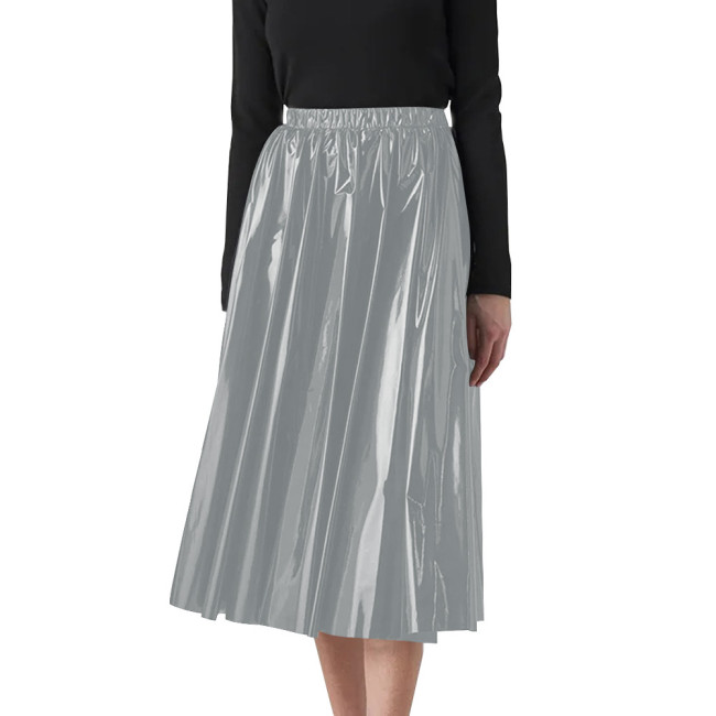 Candy Solid Folds Office Lady Casual PVC Leather High Waist A-line Loose Women's Skirt Mid-Calf Long Skirts for Women Clothing