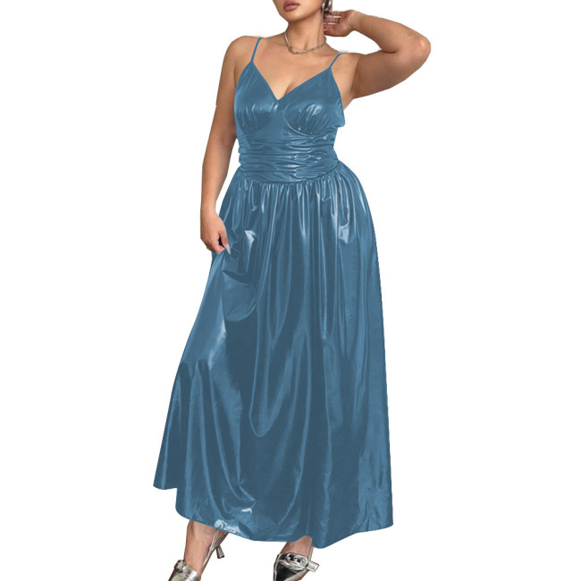 Elegant Spaghetti Strap Slim Waist PVC Leather Maxi Dresses for Women Sleeveless V-neck Evening Dresses Party Rave Long Dress