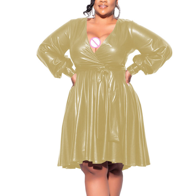 Exotic Dresses Wetlook Women Deep V-neck Long Sleeve Shiny Metallic A-line Midi Dress Fetish Sexy Club Plus Size Dress 7XL Lady