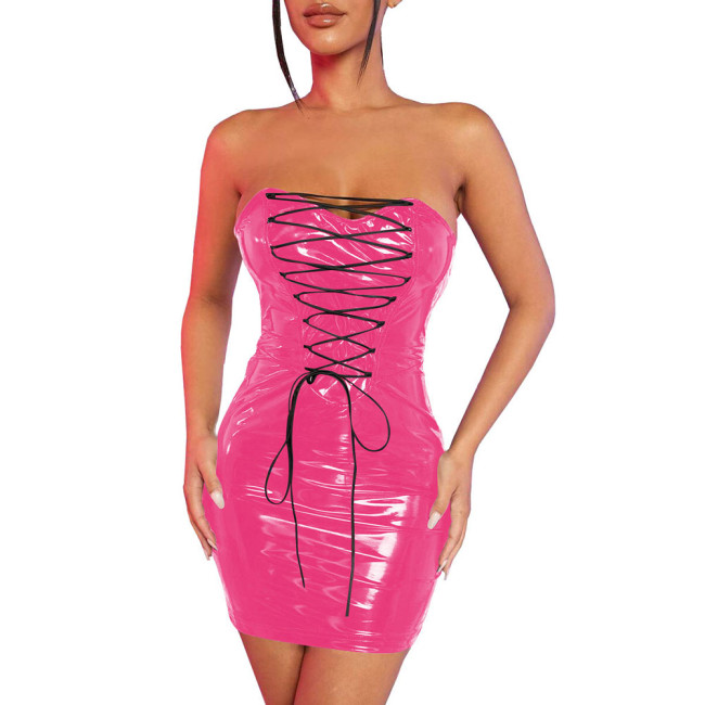 Fetish Lace-up Skinny PVC Lingerie Sexy Dress Women Strapless Package Hips Bodycon Faux Latex Dress Exotic Dancewear Vestidos