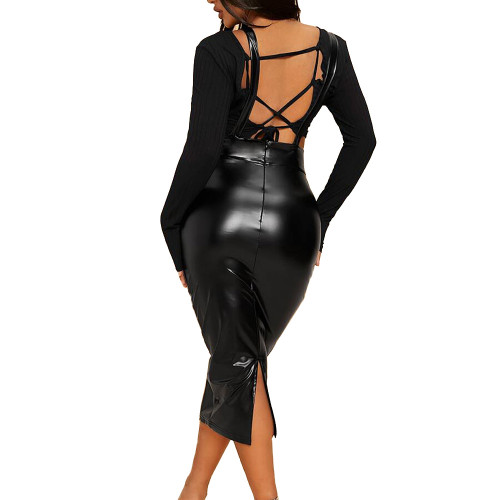 Women Fashion Solid PU Leather Sexy Bodycon Suspenders Skirt Vintage High Waist Matte Female Chic Lady Skirts Casual Daily Wear