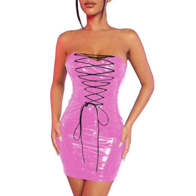 Fetish Lace-up Skinny PVC Lingerie Sexy Dress Women Strapless Package Hips Bodycon Faux Latex Dress Exotic Dancewear Vestidos