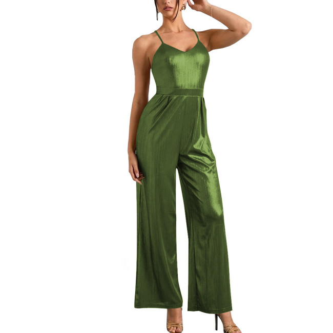 Office Lady Spaghetti Strap One Piece Jump Suits for Women Shiny Metallic Slim Fit Wide Leg Pants Wetlook Sexy Jumpsuits Catsuit