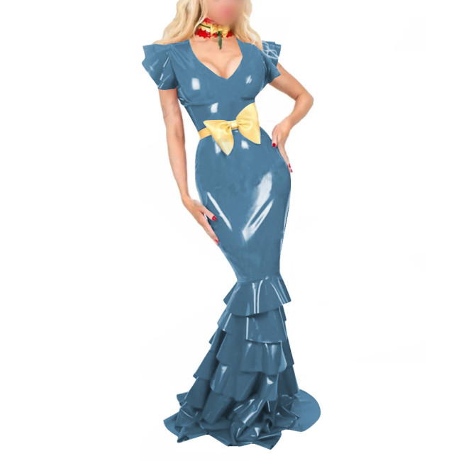 Women PVC Leather Short Sleeve Evening Party Maxi Dress Sissy V Neck Sexy Bodycon Ruffled Hobble Dress with Belt Ball Gowns Lady