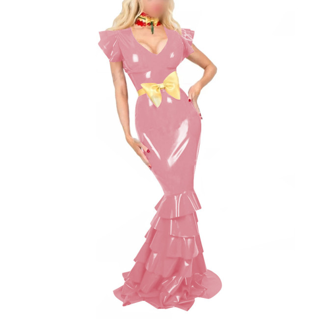 Women PVC Leather Short Sleeve Evening Party Maxi Dress Sissy V Neck Sexy Bodycon Ruffled Hobble Dress with Belt Ball Gowns Lady