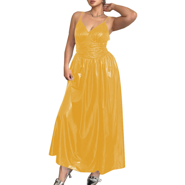 Elegant Spaghetti Strap Slim Waist PVC Leather Maxi Dresses for Women Sleeveless V-neck Evening Dresses Party Rave Long Dress