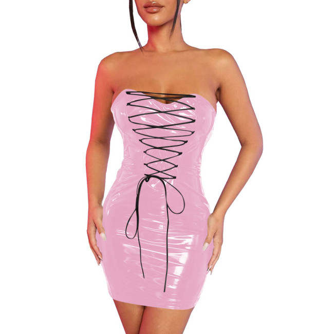 Fetish Lace-up Skinny PVC Lingerie Sexy Dress Women Strapless Package Hips Bodycon Faux Latex Dress Exotic Dancewear Vestidos