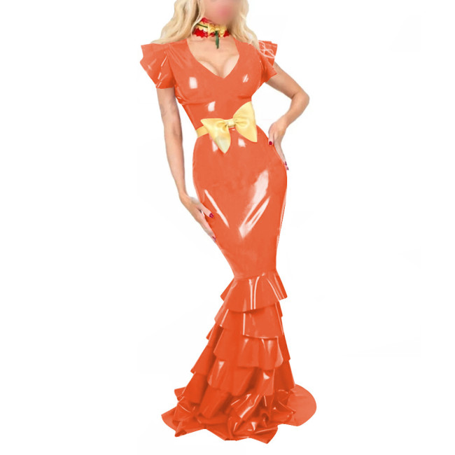 Women PVC Leather Short Sleeve Evening Party Maxi Dress Sissy V Neck Sexy Bodycon Ruffled Hobble Dress with Belt Ball Gowns Lady
