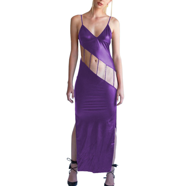 Shiny Metallic Hollow Out Bodycon Spaghetti Strap Long Dress for Women Side Slit Maxi Dress Female Camisole Solid Party Dress