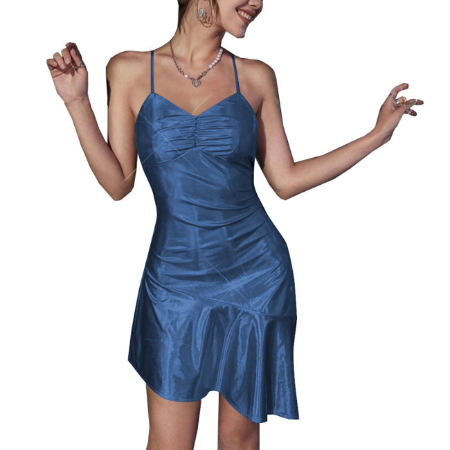 Wet Look Dance Pole Holographic Clothing Women Backless Frenum Irregular A-line Mini Dress Sexy Cub Laser Metallic Short Dress