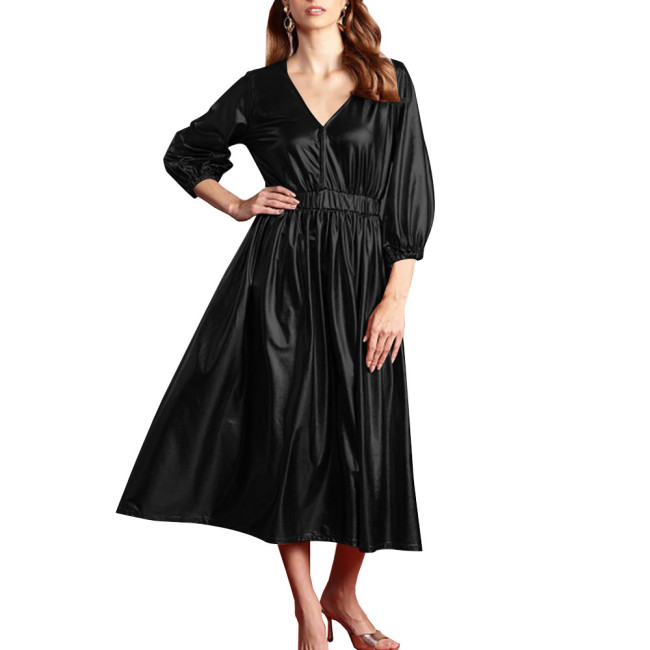 Shiny Summer Clothing for Women Dress Shiny Metallic Lantern Sleeves High Waist Elegant Long Dress Office Lady Outdoor Vestido