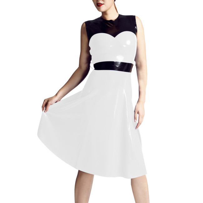 Patchwork Sleeveless Tank Midi Dress Women O-neck Slim Waist Patent Leather A-line Dress Casual Daily Commuting Faux Latex Dress